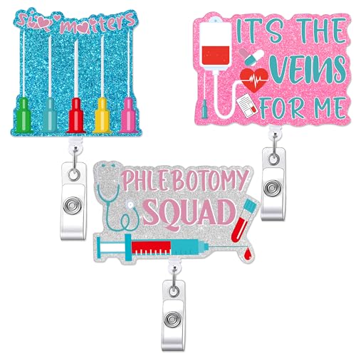 MENIFEND 3 Pcs Phlebotomy Badge Reels, Funny Retractable Badge Reel with Swivel Clip, Gifts for Phlebotomist Nurse Nursing Staff - Image 1