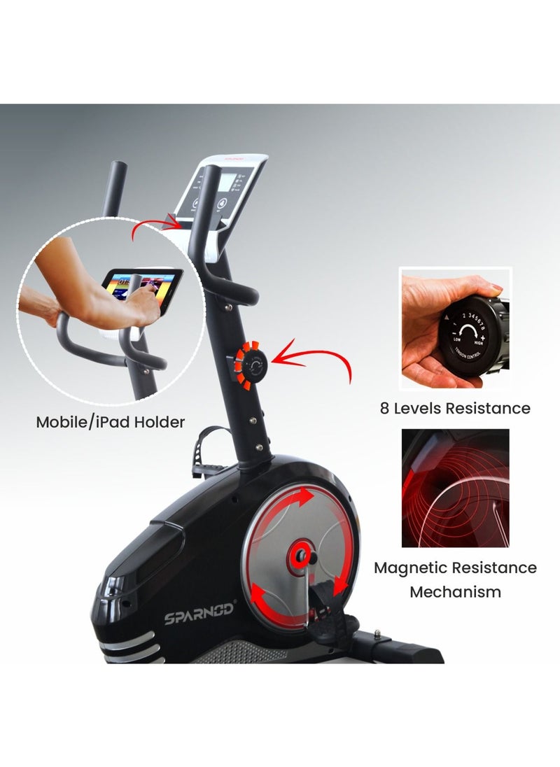 Sparnod SRB-31 Recumbent Exercise Bike 8 Resistance Levels, 6Kg Flywheel, LCD Display, Heart Rate Monitoring, 100kg Capacity, Adjustable Seat/Pedals, Non-Slip Footpads, Phone Holder