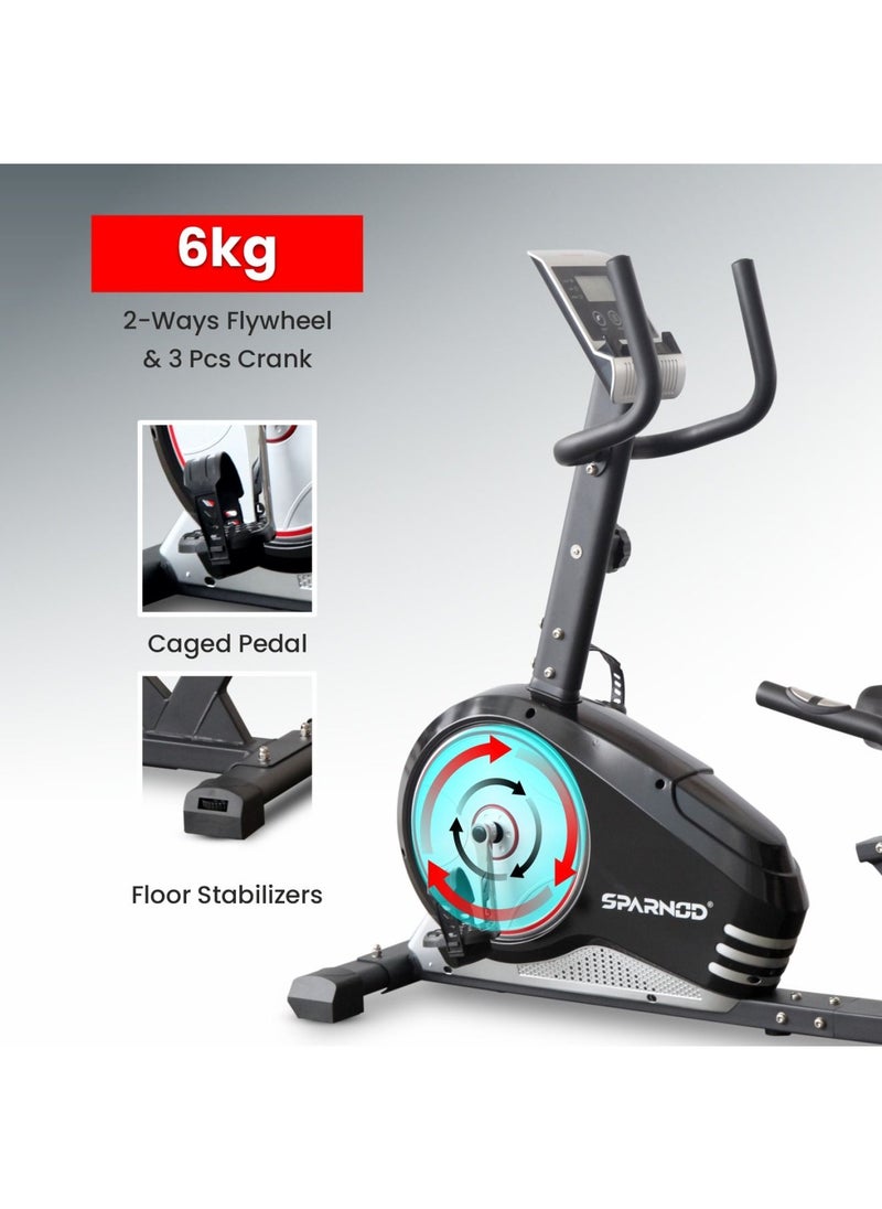 Sparnod SRB-31 Recumbent Exercise Bike 8 Resistance Levels, 6Kg Flywheel, LCD Display, Heart Rate Monitoring, 100kg Capacity, Adjustable Seat/Pedals, Non-Slip Footpads, Phone Holder
