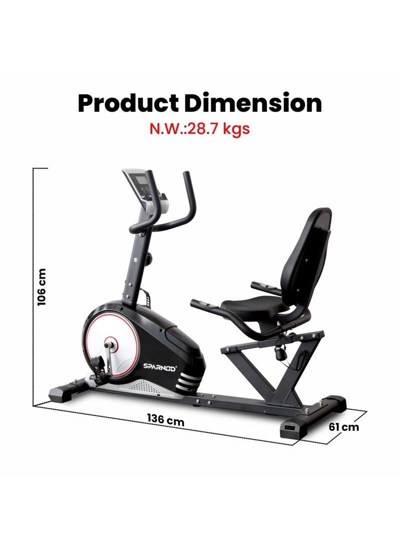 Sparnod SRB-31 Recumbent Exercise Bike 8 Resistance Levels, 6Kg Flywheel, LCD Display, Heart Rate Monitoring, 100kg Capacity, Adjustable Seat/Pedals, Non-Slip Footpads, Phone Holder
