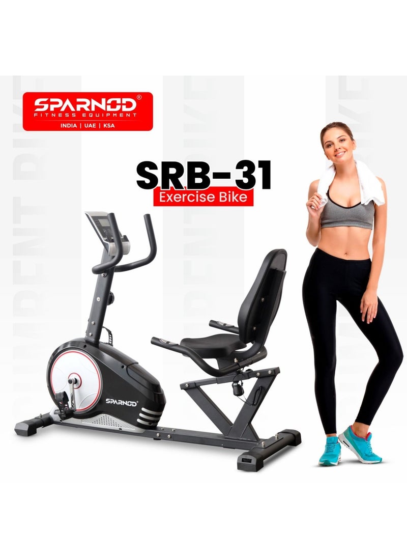 Sparnod SRB-31 Recumbent Exercise Bike 8 Resistance Levels, 6Kg Flywheel, LCD Display, Heart Rate Monitoring, 100kg Capacity, Adjustable Seat/Pedals, Non-Slip Footpads, Phone Holder