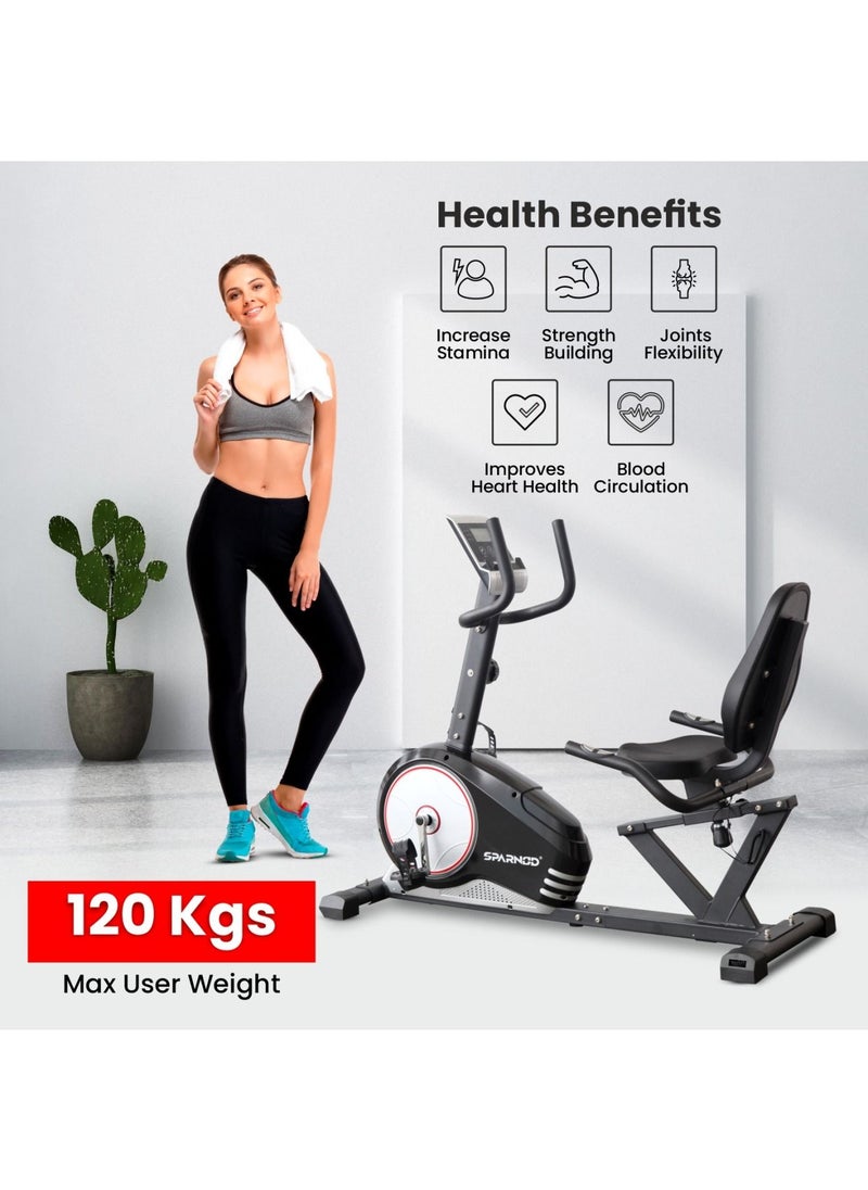 Sparnod SRB-31 Recumbent Exercise Bike 8 Resistance Levels, 6Kg Flywheel, LCD Display, Heart Rate Monitoring, 100kg Capacity, Adjustable Seat/Pedals, Non-Slip Footpads, Phone Holder