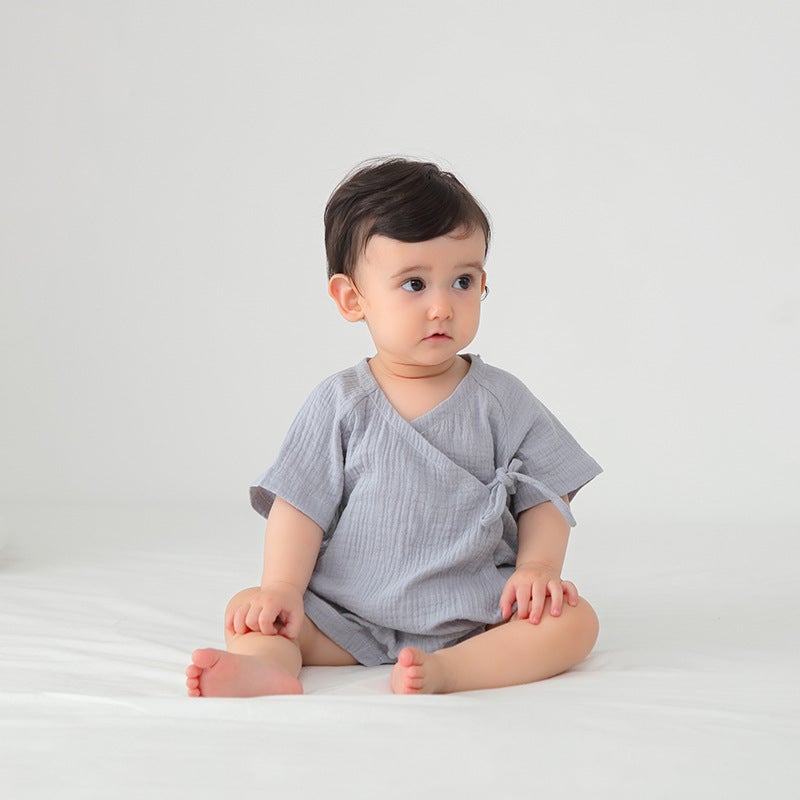Summer Baby Short-Sleeved Wrap Fart Clothes Pure Cotton Pajamas For Boys And Girls Baby Jumpsuit Triangle Hats Climbing Clothes - Image 5