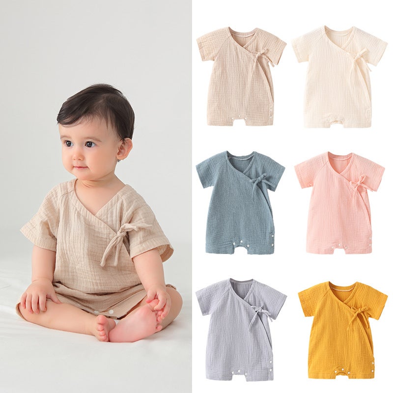 Summer Baby Short-Sleeved Wrap Fart Clothes Pure Cotton Pajamas For Boys And Girls Baby Jumpsuit Triangle Hats Climbing Clothes - Image 2