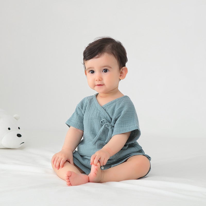 Summer Baby Short-Sleeved Wrap Fart Clothes Pure Cotton Pajamas For Boys And Girls Baby Jumpsuit Triangle Hats Climbing Clothes - Image 4