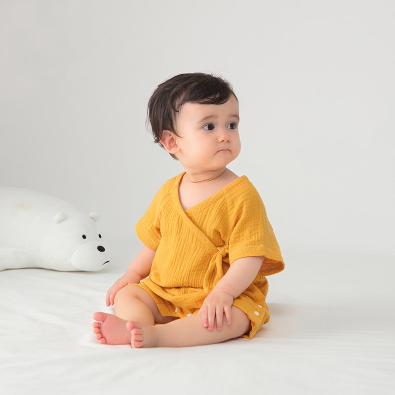 Summer Baby Short-Sleeved Wrap Fart Clothes Pure Cotton Pajamas For Boys And Girls Baby Jumpsuit Triangle Hats Climbing Clothes - Image 3