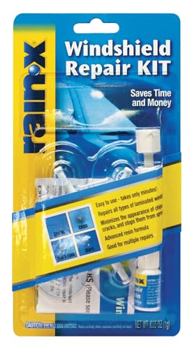 طقم إصلاح الزجاج الأمامي RainX 600001 سريع وسهل وقوي يعتمد على الراتنج لإصلاح الزجاج الأمامي للرقائق والشقوق جيد للأضرار الدائرية أقل من 1 بوصة في القطر والشقوق أصغر من 12 بوصة في الطول
