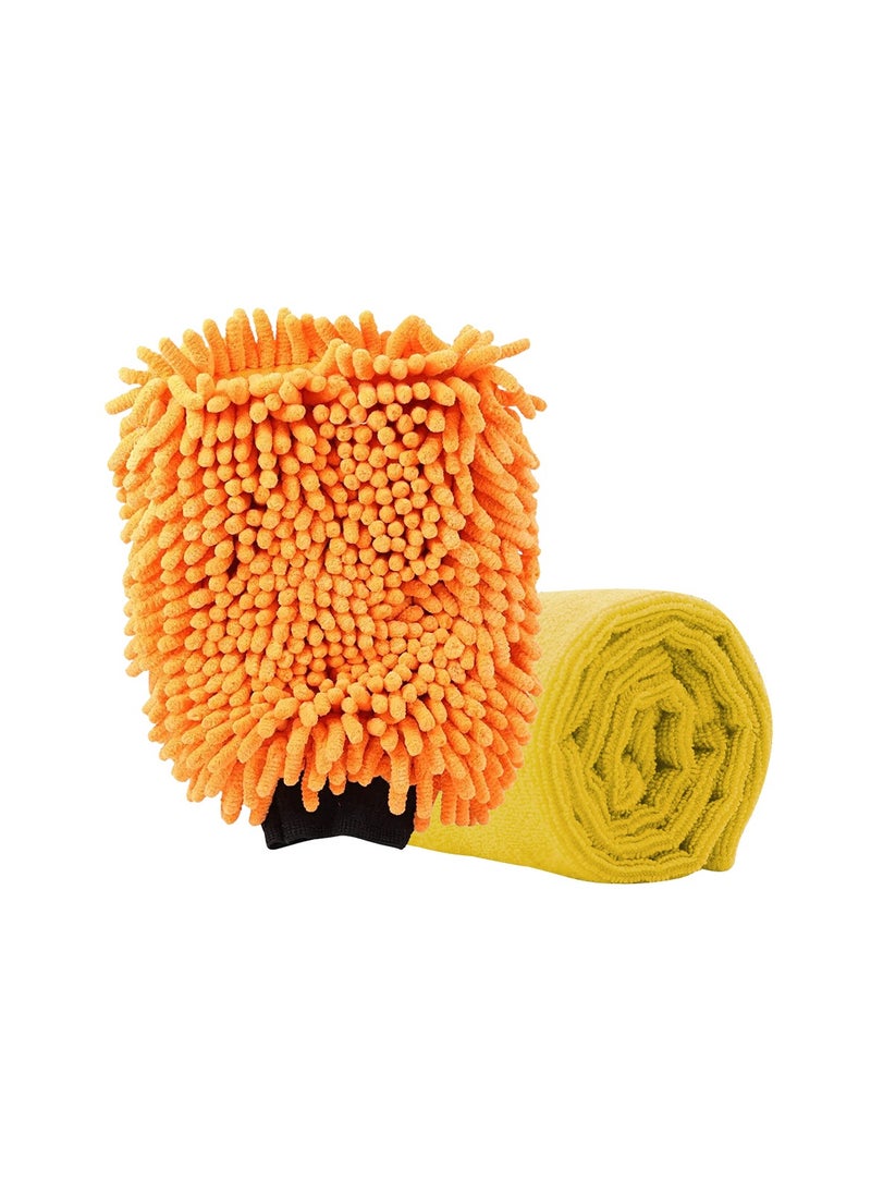 KENT - Microfiber Wash and Dry Pack 2in1 Noodle Wash Mitt 2 Pcs Car Wash Kit Microfiber Towel/Glove Mitt - KENT - YELLOW and ORANGE - Image 1