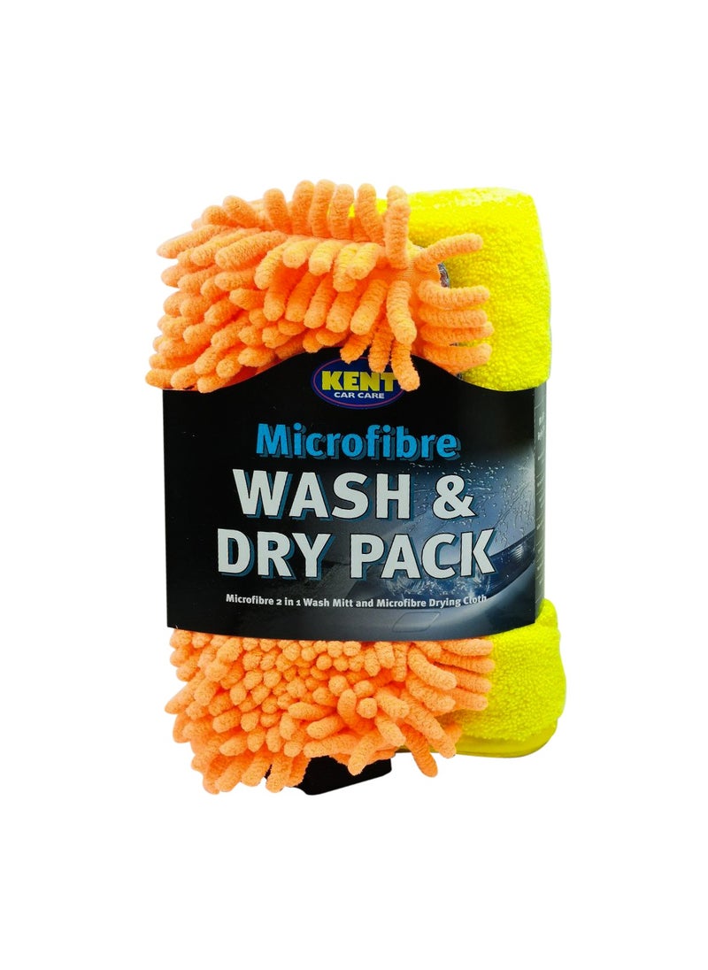 KENT - Microfiber Wash and Dry Pack 2in1 Noodle Wash Mitt 2 Pcs Car Wash Kit Microfiber Towel/Glove Mitt - KENT - YELLOW and ORANGE - Image 1