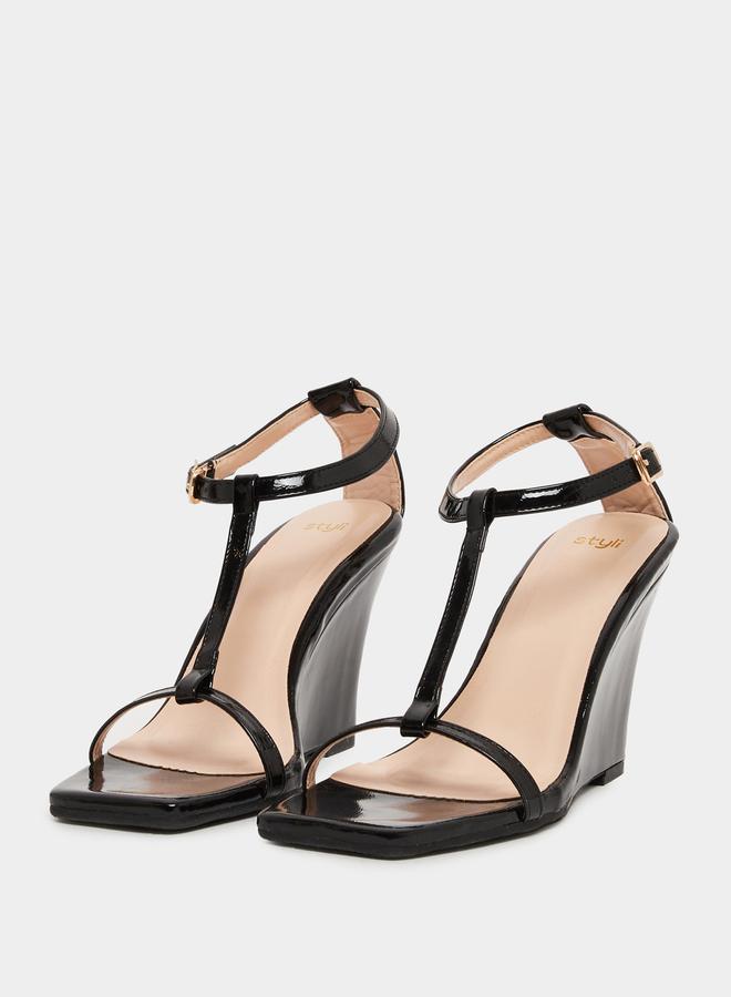 Styli Solid T-Strap Wedge Heel Sandals  - Image 2
