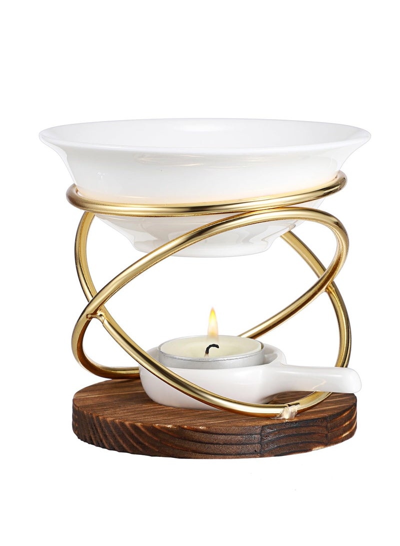 Metal Wooden Wax Melt Burner with Ceramic Bowl, Aromatherapy Essential Oil Diffuser, Elegant Tealight Candle Holder, Home Fragrance Decor, Artistic Wax Warmer, Relaxation Gift Accessory - Image 1