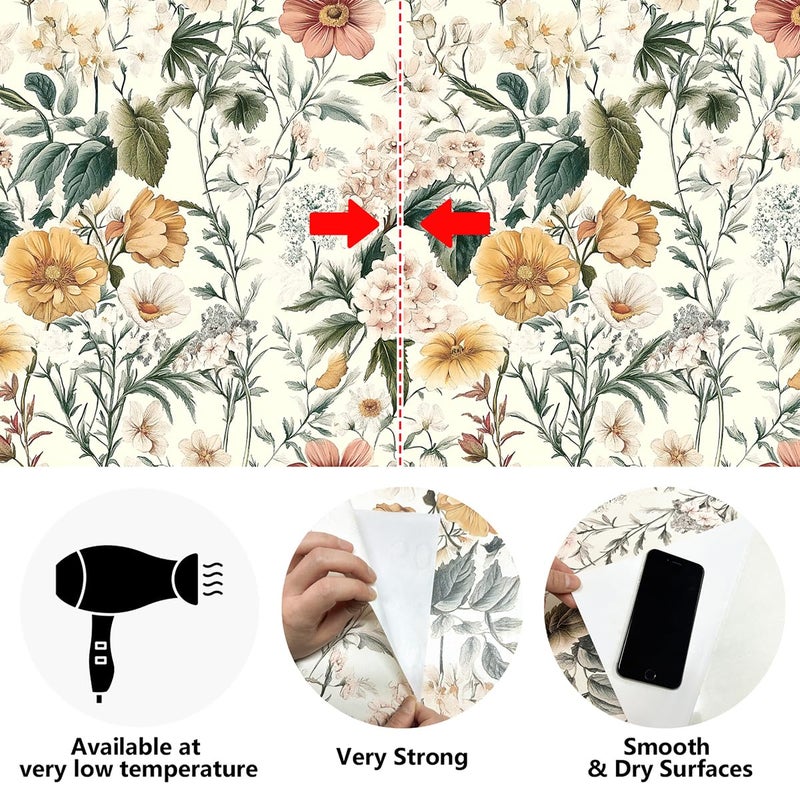 Livebor Vintage Floral Peel and Stick Wallpaper Floral Contact Paper 16.9"x118.1" Boho Neutral Wallpaper Peel and Stick Self Adhesive Wall Paper for Cabinets Bathroom Covering Wall Decorative Vinyl - Image 5