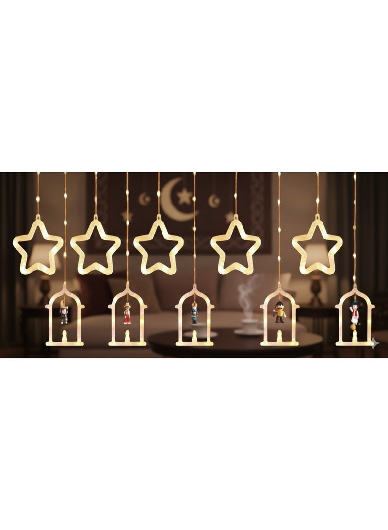 Star and lantern-shaped and fnanes inside curtain, featuring LED lights and a remote control, 10 fantastic yellow pieces. - Image 1