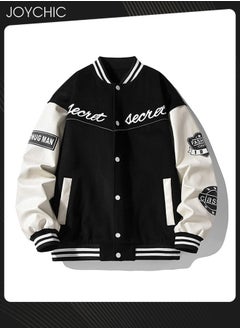 Joychic Classic Trendy Spring Autumn and Winter Warm Cotton Outwear Men Button Varsity College Baseball Jacket Casual Embroidered Streetwear Coat Black  - Image 3