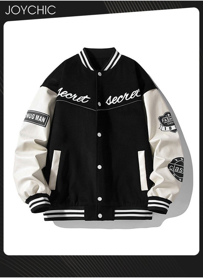 Joychic Classic Trendy Spring Autumn and Winter Warm Cotton Outwear Men Button Varsity College Baseball Jacket Casual Embroidered Streetwear Coat Black  - Image 3