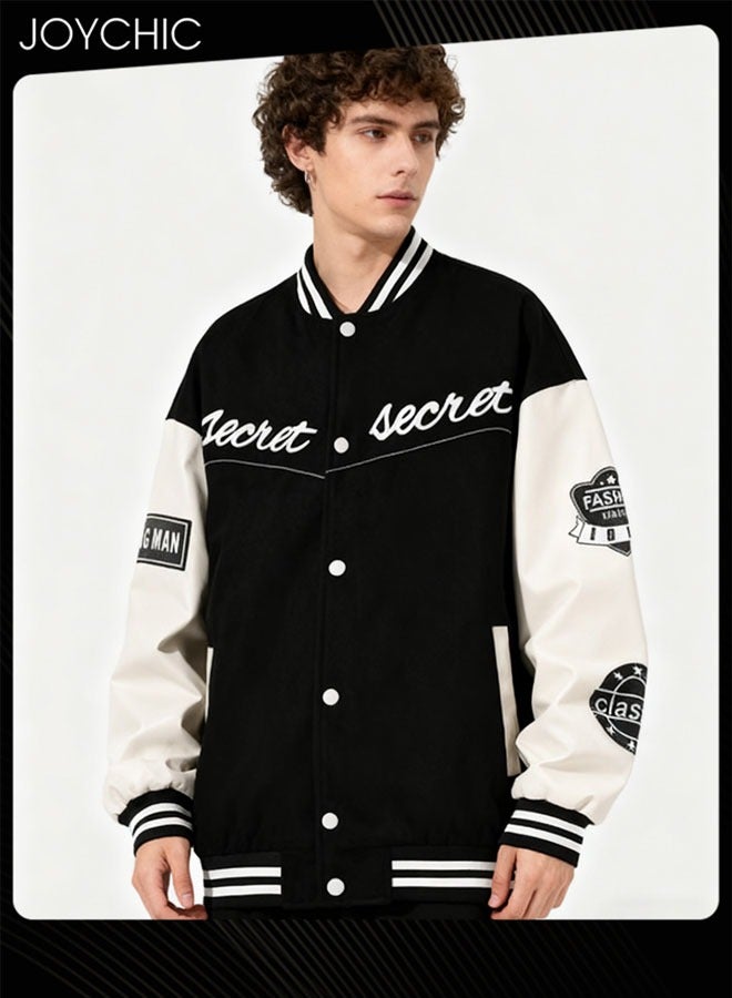Joychic Classic Trendy Spring Autumn and Winter Warm Cotton Outwear Men Button Varsity College Baseball Jacket Casual Embroidered Streetwear Coat Black - Image 1