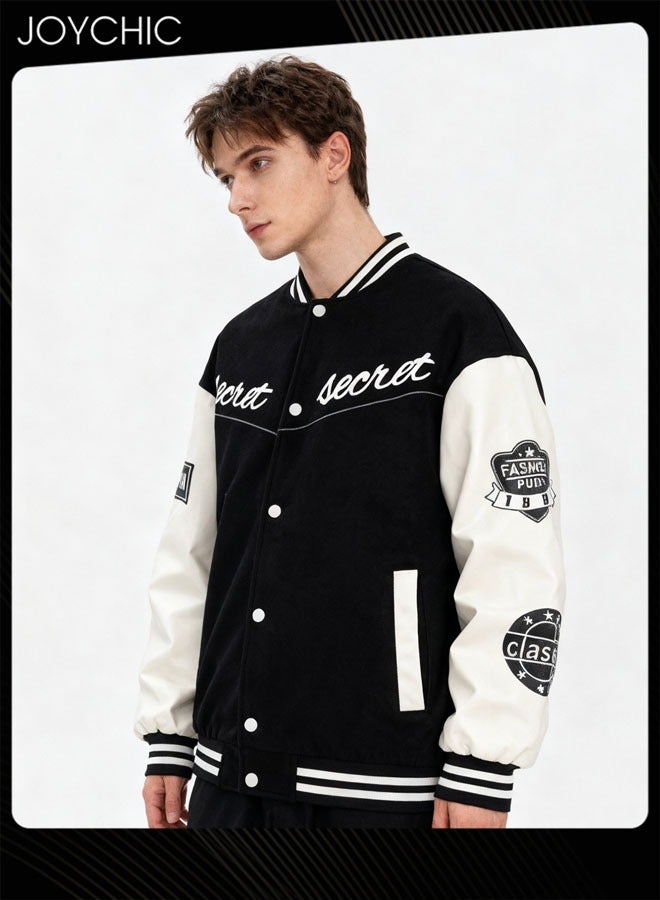 Joychic Classic Trendy Spring Autumn and Winter Warm Cotton Outwear Men Button Varsity College Baseball Jacket Casual Embroidered Streetwear Coat Black - Image 2