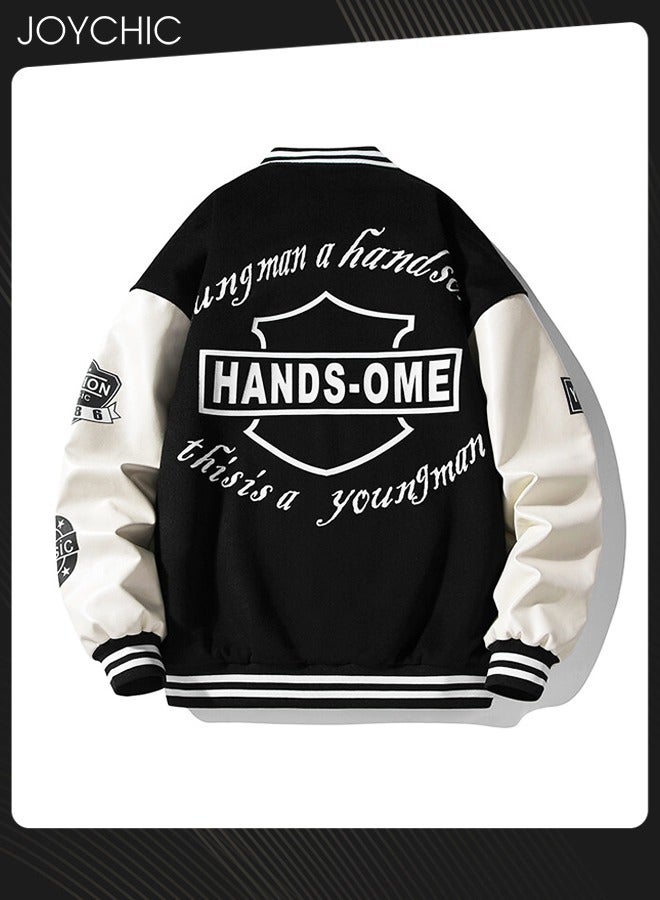 Joychic Classic Trendy Spring Autumn and Winter Warm Cotton Outwear Men Button Varsity College Baseball Jacket Casual Embroidered Streetwear Coat Black - Image 5