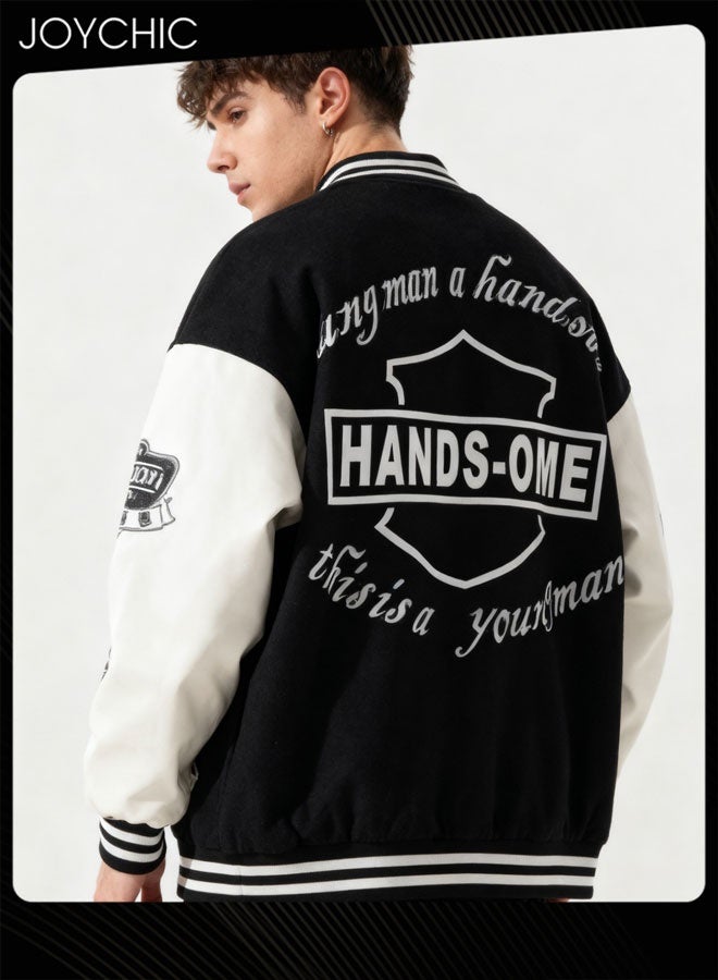 Joychic Classic Trendy Spring Autumn and Winter Warm Cotton Outwear Men Button Varsity College Baseball Jacket Casual Embroidered Streetwear Coat Black - Image 3