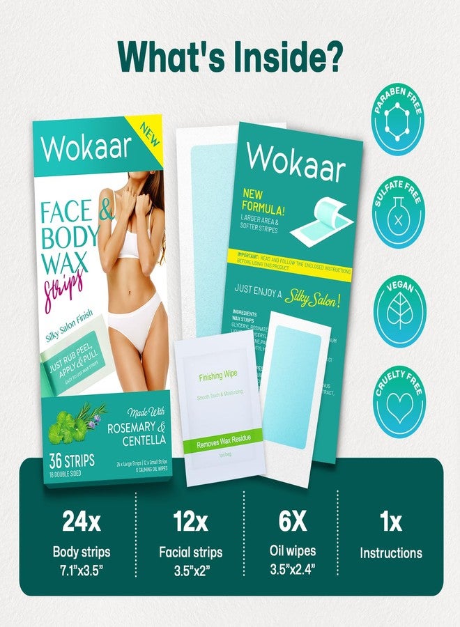 Wokaar Bikini Wax Strips for Women & Men | 42 Count Centella Asiatica Body Waxing Strip | Wokaar Hair Removal Kit for Facial, Legs, Eyebrows, lip (24 Body +12 Facial Strips +6 Oil Wipes - Image 2