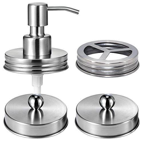Komashr Mason Jar Bathroom Accessories Lids Set(4pcs) -Jars Not Included -Soap Dispenser,Toothbrush Holder,and Apothecary Jars Lids for Regular Mouth Mason Jars -Rustic Farmhouse Decor, Brushed Nickel - Image 1