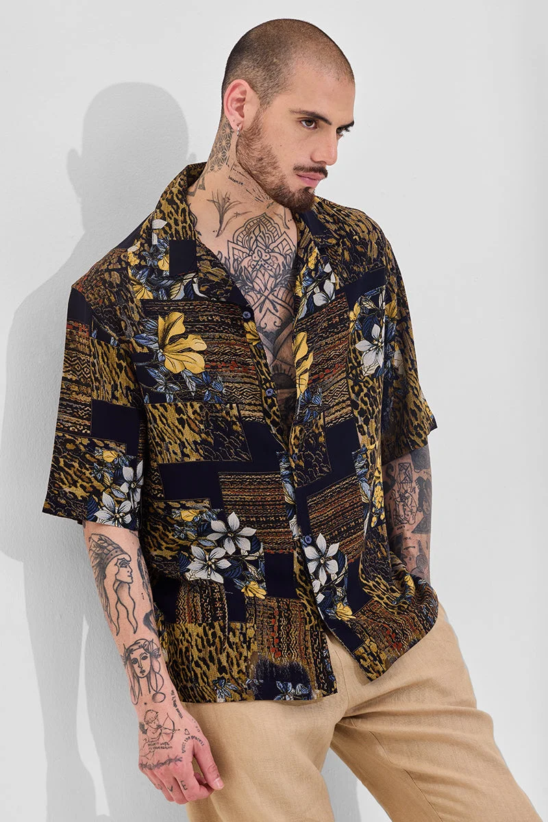 SNITCH Dark Navy Floral Half Sleeve Boxy Casual Shirt