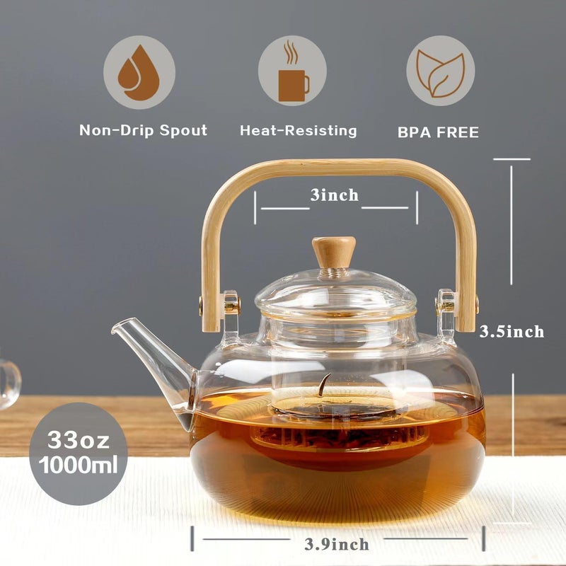 Gipibox Glass Teapot with Infuser Stovetop Microwave Safe Glass Borosilicate Glass Kettle with Wooden Handle for Loose Leaf and Fruit Tea Kettle Clear 1 Liter - Image 4
