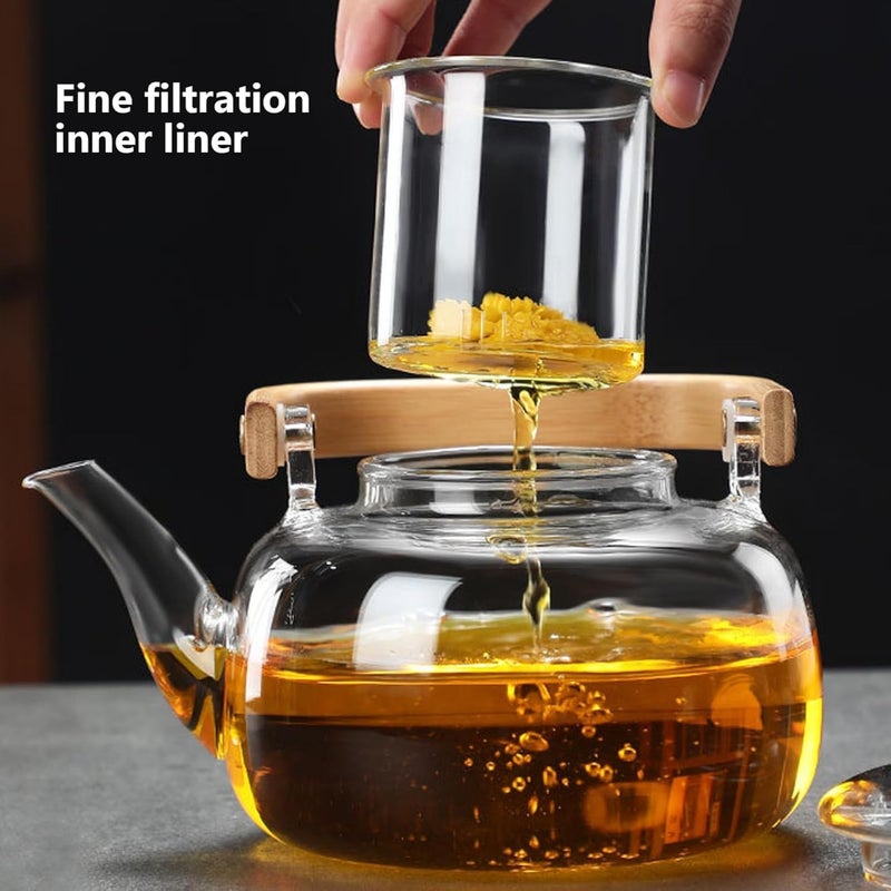 Gipibox Glass Teapot with Infuser Stovetop Microwave Safe Glass Borosilicate Glass Kettle with Wooden Handle for Loose Leaf and Fruit Tea Kettle Clear 1 Liter - Image 5