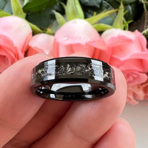 TUTISS 6mm Black Tungsten Rings for Men Women Meteorite Shavings Inlay Promise Engagement Wedding Bands Beveled Edges Polished Shiny Comfort Fit Size 12 - Image 3