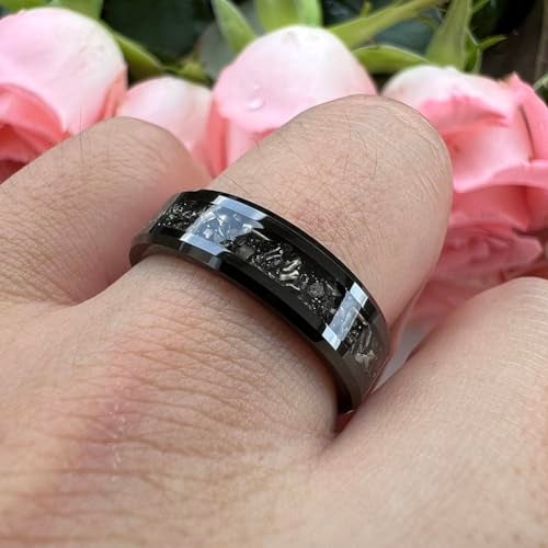 TUTISS 6mm Black Tungsten Rings for Men Women Meteorite Shavings Inlay Promise Engagement Wedding Bands Beveled Edges Polished Shiny Comfort Fit Size 12 - Image 5