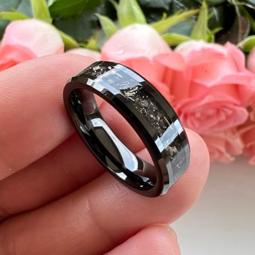 TUTISS 6mm Black Tungsten Rings for Men Women Meteorite Shavings Inlay Promise Engagement Wedding Bands Beveled Edges Polished Shiny Comfort Fit Size 12 - Image 2