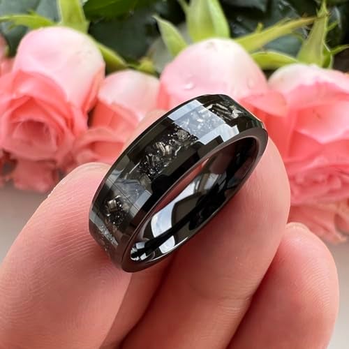 TUTISS 6mm Black Tungsten Rings for Men Women Meteorite Shavings Inlay Promise Engagement Wedding Bands Beveled Edges Polished Shiny Comfort Fit Size 12 - Image 4