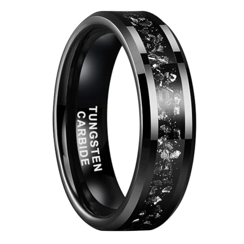 TUTISS 6mm Black Tungsten Rings for Men Women Meteorite Shavings Inlay Promise Engagement Wedding Bands Beveled Edges Polished Shiny Comfort Fit Size 12 - Image 1