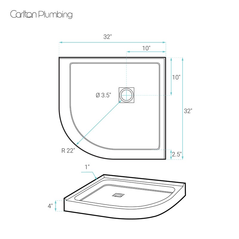 Carlton Plumbing Carlton Marquette 32" x 32" Round Corner Double-Threshold Shower Pan Base with Center Drain in Glossy White - Image 5