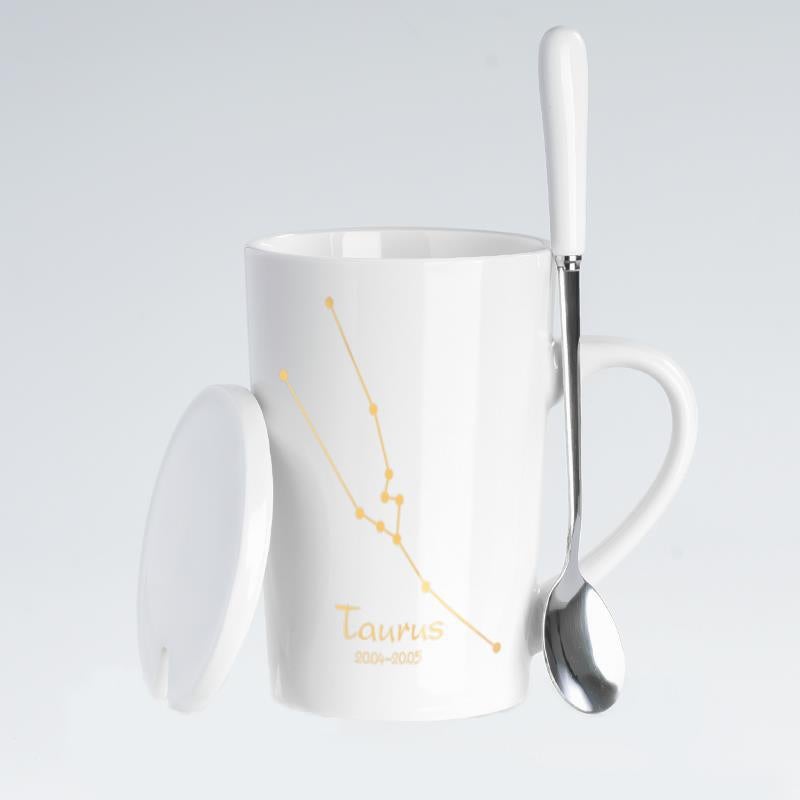 Creative Zodiac Ceramic Mug with Lid Taurus (White)