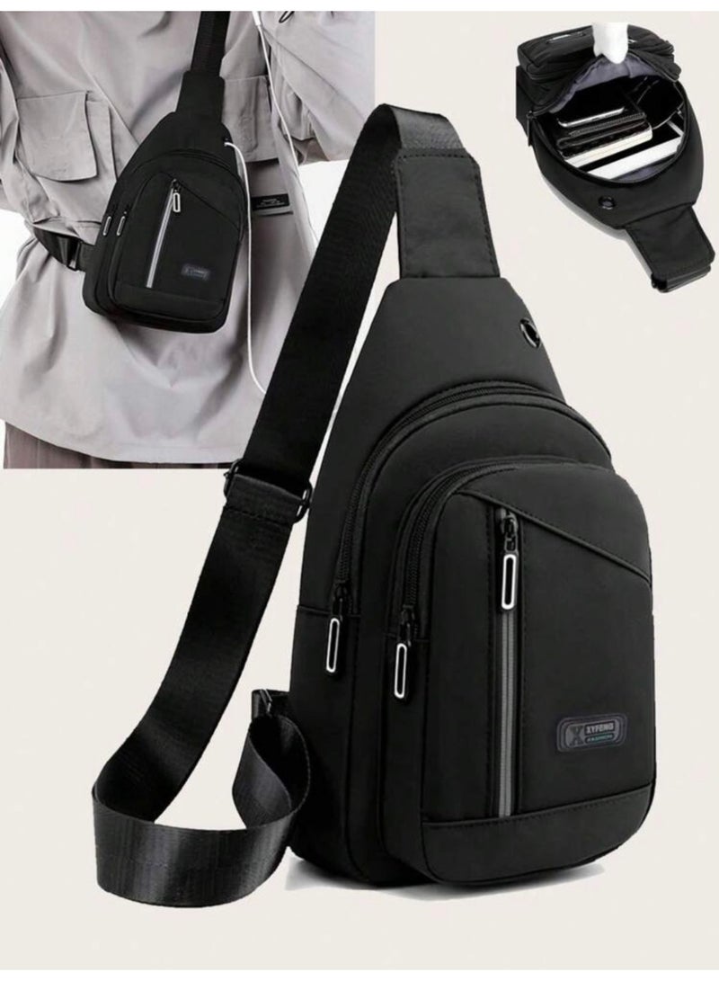 Men's Hanging Bag, Leather Hanging Bag with USB Charging Port Waterproof Multi-Pocket Chest Bag for Men Daily Crossbody Bag - Image 1