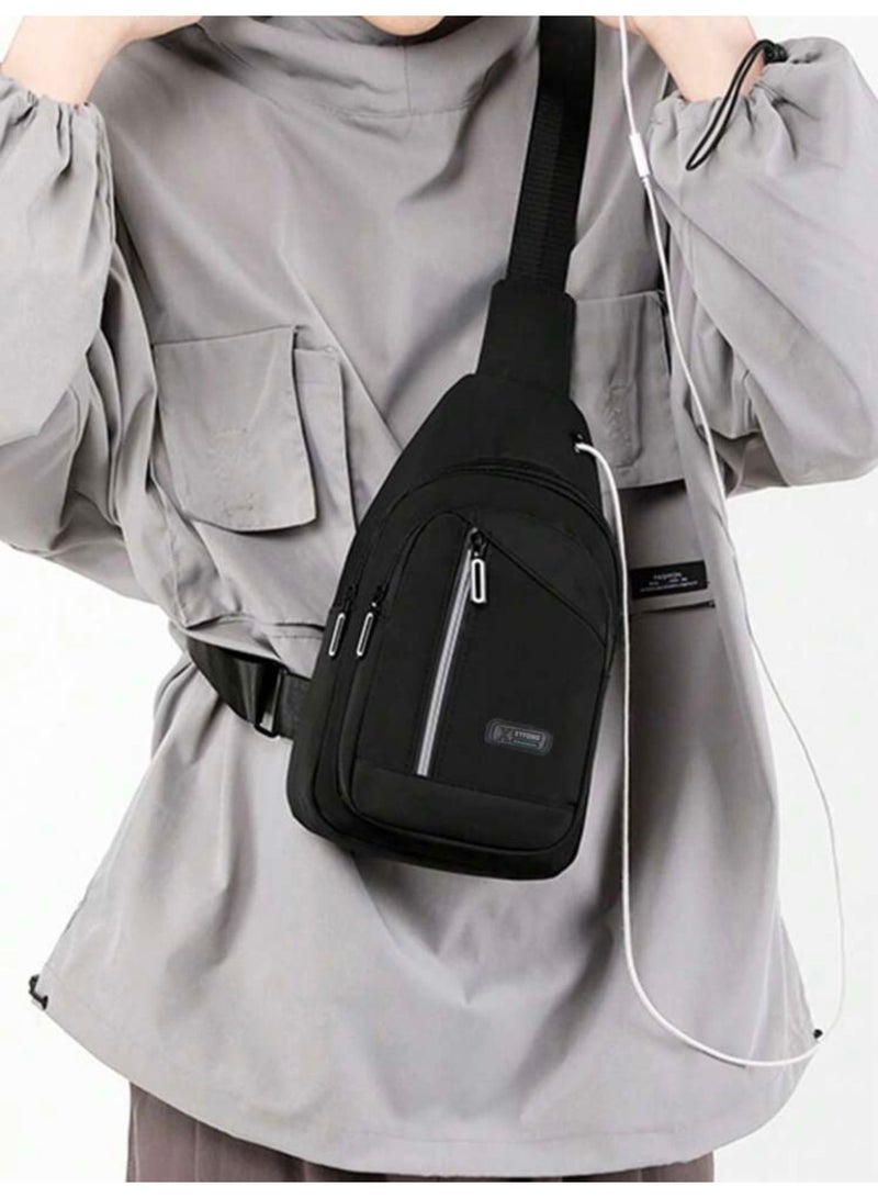 Men's Hanging Bag, Leather Hanging Bag with USB Charging Port Waterproof Multi-Pocket Chest Bag for Men Daily Crossbody Bag - Image 2