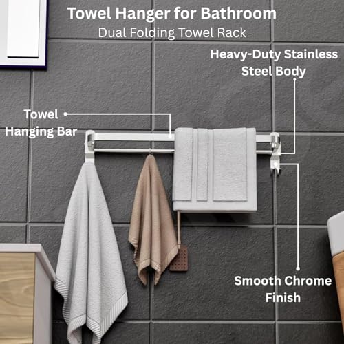 Well Set Stainless Steel Folding 24 Inches Towel Rack for Bathroom - Durable, Stylish, Space-Saving Towel Holder & Stand - Perfect Bathroom Accessories Set for Home (24 Inch, Chrome, Foldable) - Image 3