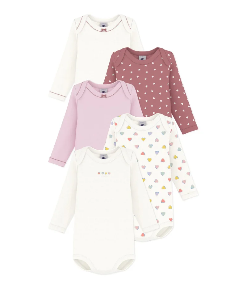 Petit Bateau Pack Of Long-Sleeved Heart-Print Cotton Bodies For Babies
