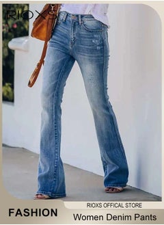 RIOXS Women's Denim Pants, Mid Waist Stretch Denim Pants, Ladies Jeans with Zip Fly And Button Closure, Vintage-style Jeans, Perfect for Work, Casual, Outdoor and Party  - Image 1