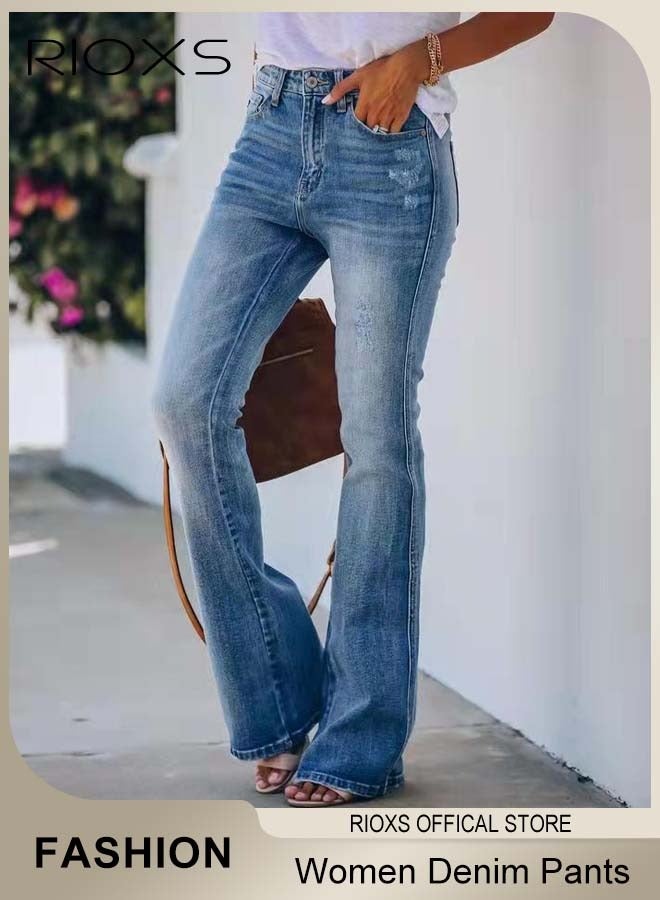 RIOXS Women's Flare Jeans, Trendy High Waist Stretchy Denim Pants, Vintage-style Slim Fit Casual Denim Trousers with Pockets, Ladies Jeans with Zip Fly and Button Closure, Perfect for Work, Casual, Street Wear, Outdoor and Party - Image 3