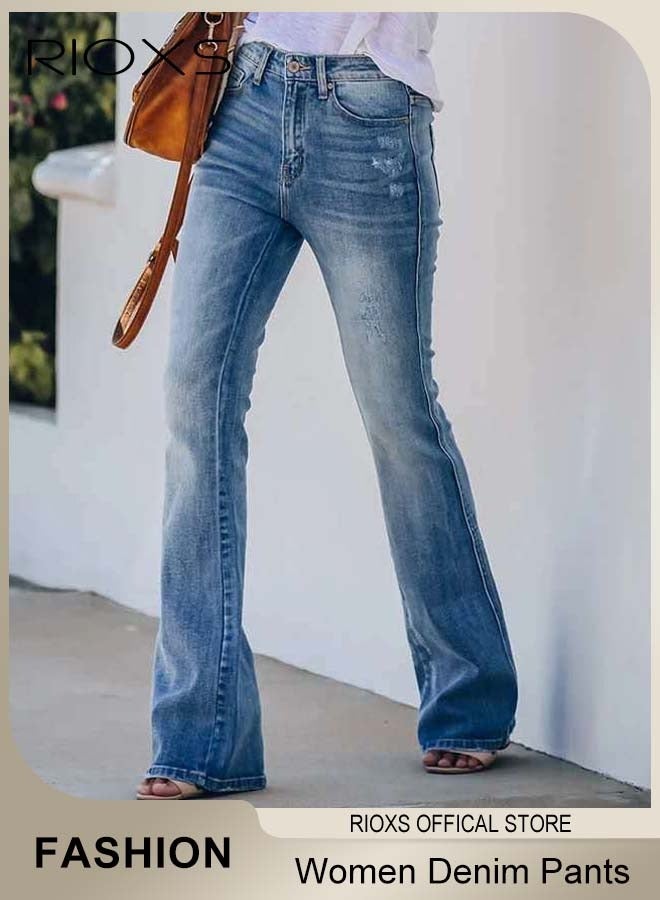 RIOXS Women's Flare Jeans, Trendy High Waist Stretchy Denim Pants, Vintage-style Slim Fit Casual Denim Trousers with Pockets, Ladies Jeans with Zip Fly and Button Closure, Perfect for Work, Casual, Street Wear, Outdoor and Party - Image 2