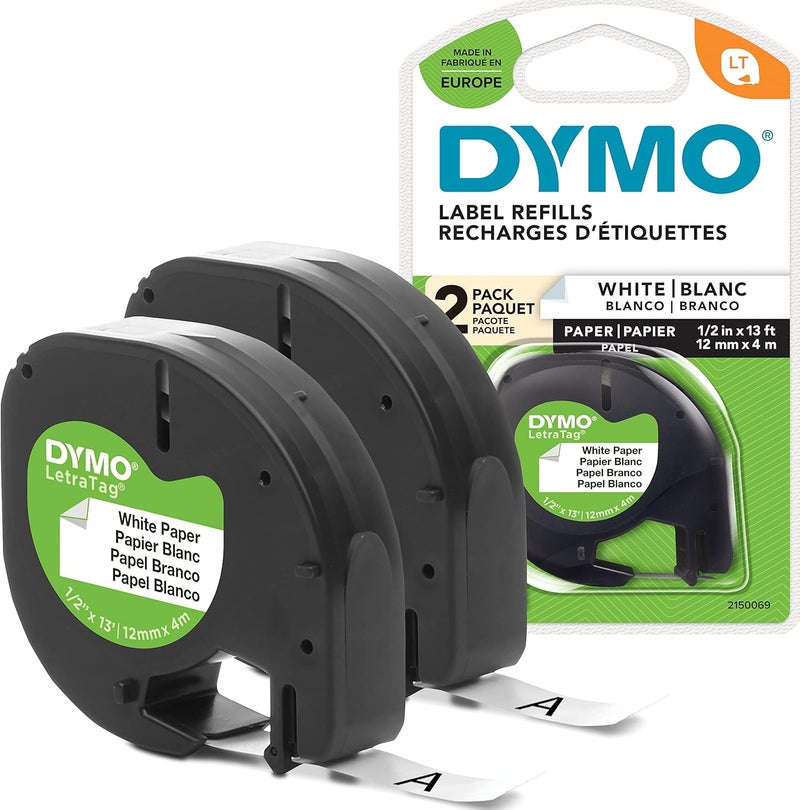 Dymo LetraTag Genuine Paper Tape | 1.2 cm x 4 m | Black on White | For LetraTag Label Maker | 2 Labels - Image 1