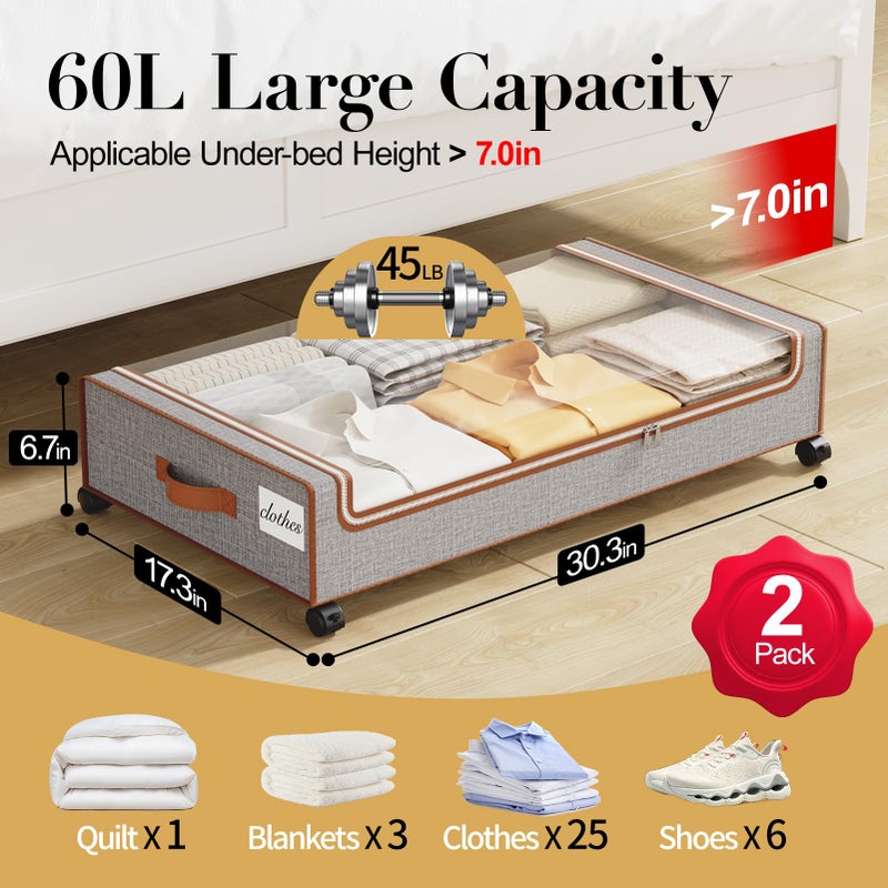 Yecaye Under Bed Storage with Wheels, 2 Pack Under the Bed Storage Containers with Lids & Label, XXL 60L Rolling Underbed Storage Drawers for Clothes, Blankets, Shoes - Image 2