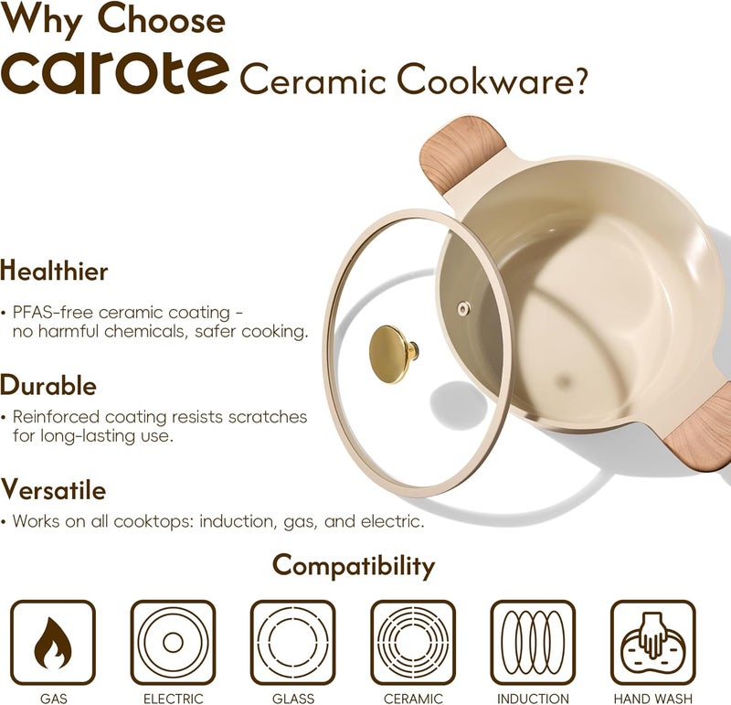 CAROTE 5 Qt Nonstick Stock Pot with Lid Soup Pot, Ceramic 5 Quart Casserole with Lid, Easy to Clean Non Stick Cooking Pot Cookware PFOA Free, Ceramic Oatmeal - Image 5