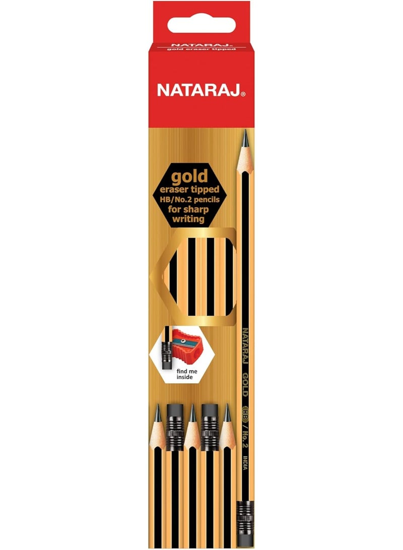 ناتاراج أقلام رصاص ناتاراج سداسية الشكل من الذهب HB رقم 2، 12 قطعة، برأس مطاطي ومبراة مجانية | أقلام رصاص جرافيت ممتازة للكتابة للاستخدام المدرسي والمكتبي - Image 1