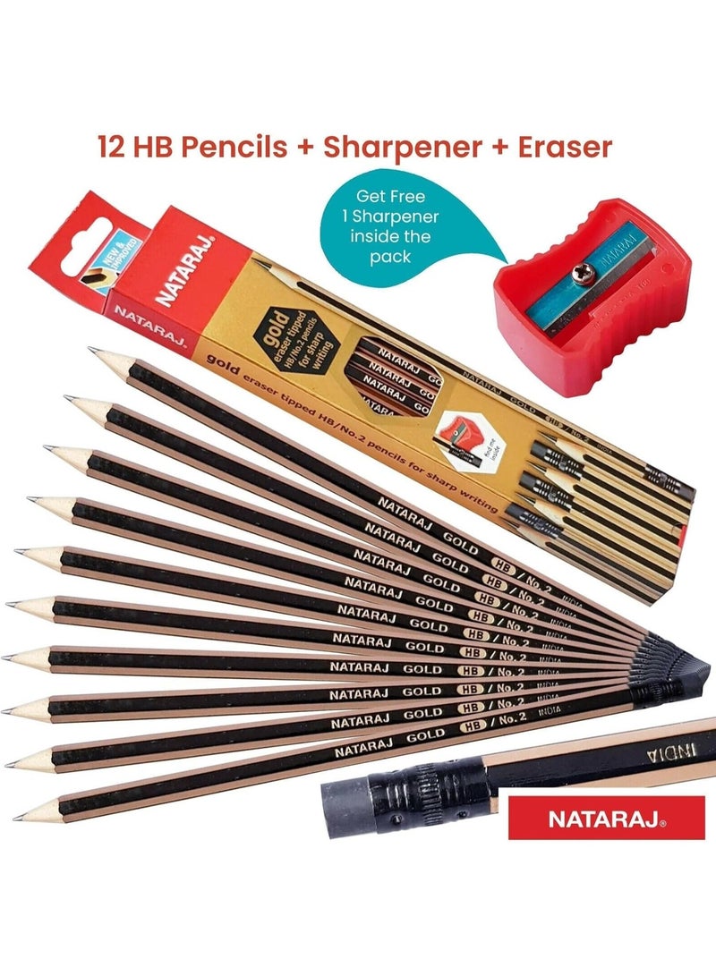 ناتاراج أقلام رصاص ناتاراج سداسية الشكل من الذهب HB رقم 2، 12 قطعة، برأس مطاطي ومبراة مجانية | أقلام رصاص جرافيت ممتازة للكتابة للاستخدام المدرسي والمكتبي - Image 4