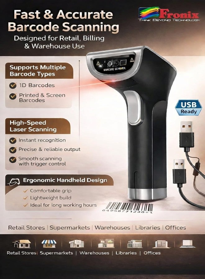 Fronix FB1200W Wireless Barcode Scanner |Aim and Shoot Trigger |1D Linear Imager to Scanner |Express Scan Speed of 350 scans per Second|Plug and Play|2500 Pixels|1D CCD Imaging Technology| - Image 2