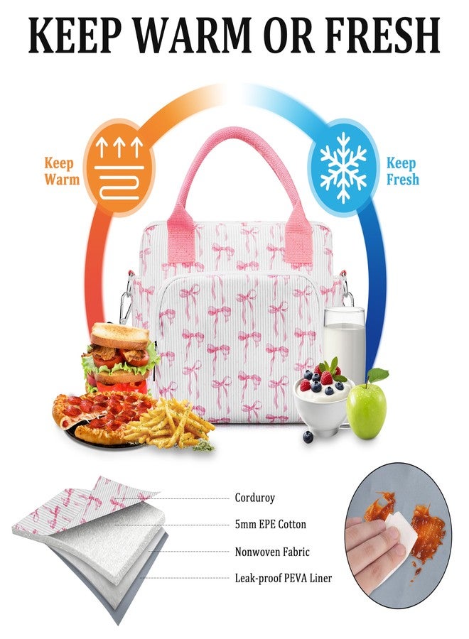TESAFNG Lunch Box for Women Insulated Lunch Bag Cute Corduroy Lunch Tote Bags Lightweight Reusable Leakproof Cooler Bag with Adjustable Shoulder Strap for Work Office Travel Picnic (Pink Bow) - Image 3