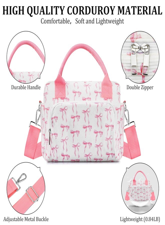 TESAFNG Lunch Box for Women Insulated Lunch Bag Cute Corduroy Lunch Tote Bags Lightweight Reusable Leakproof Cooler Bag with Adjustable Shoulder Strap for Work Office Travel Picnic (Pink Bow) - Image 5